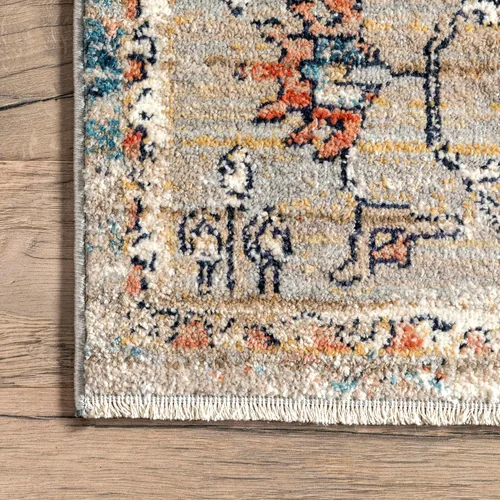 Vista 9 de nuLOOM Marley Beige/marfil, redondo de 5 pies, con flecos de medallón tradicional, suave y acogedor, alto tráfico, resistente a las manchas, fácil