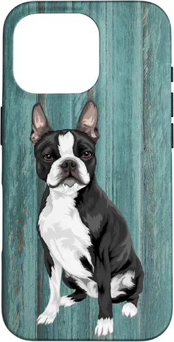 Vista 20 de Boston Terrier Faux Blue Wood Background Case for iPhone 17