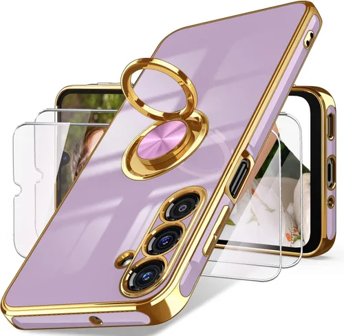 Vista 11 de Dretal Funda para Samsung Galaxy A15 5G, protector de pantalla, soporte de anillo giratorio de 360°, soporte magnético, borde dorado plateado, funda
