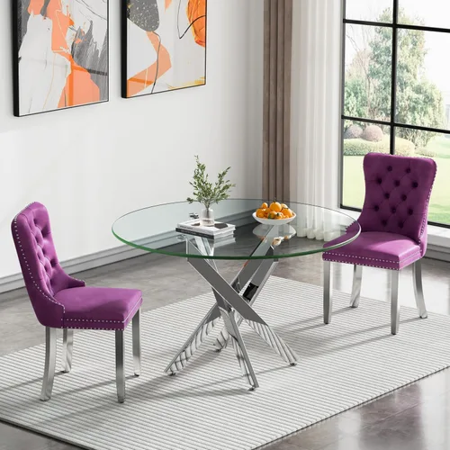 Vista 45 de Juego de mesa de comedor SSLine moderno de 3 piezas con mesa redonda de vidrio para 2, lujosa mesa de comedor circular de 36" con tapa de vidrio