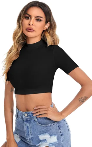 Vista 3 de Verdusa Camisetas cortas básicas de manga corta con cuello alto alto para mujer