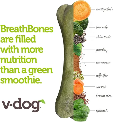 Vista 5 de V-dog Golosinas para perros – Limpieza de dientes veganos Breathbone Dental Huesos – Aliento fresco – 8 onzas – Minis – Todo natural, fabricado