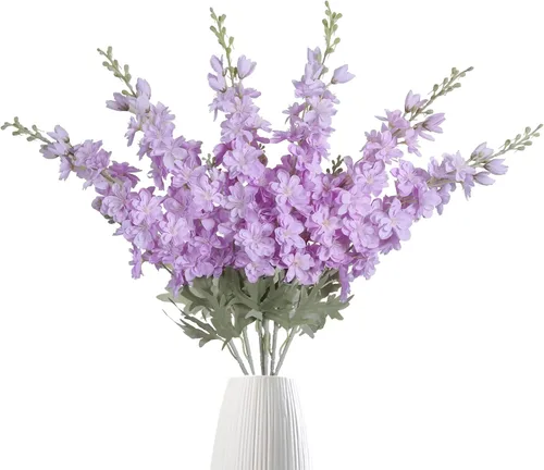 Vista 13 de IPOPU Flores Falsas Delphinium de 33.5 pulgadas, Flores Artificiales de Seda, 6 Piezas Azul Claro Larkspur Flores Artificiales de Tallo Largo