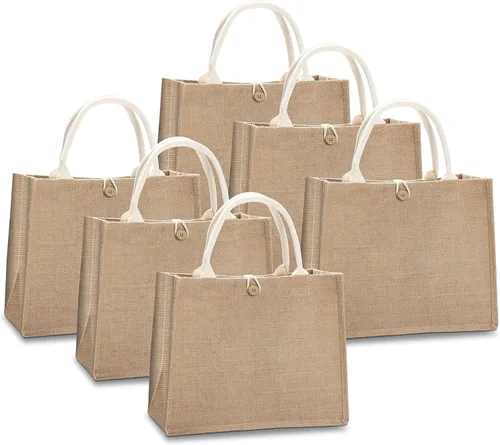 Vista 15 de Bolsas de viaje de yute, juego de 10 bolsas de arpillera, medianas de 14.5 x 6.7 x 10.2 pulgadas, bolsa reutilizable para fiestas, bodas, playa