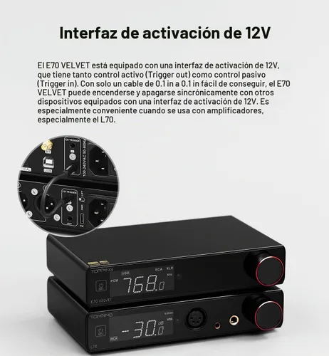 Vista 5 de Topping E70 Velvet AK4499EX DAC Decodificador de Audio - Bluetooth 5.1 LDAC Alta Resolución XU316 32Bit/768kHz DSD512 Entradas BT/USB/Coax/Opt Negro