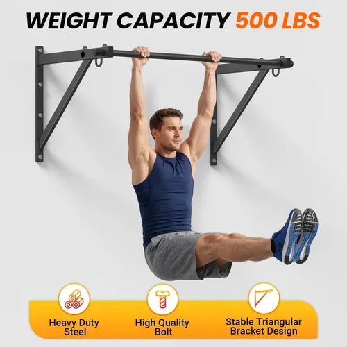 Vista 6 de Jusgym Wall Mounted Pull Up Bar, 51"/45" Chin Up Bar with 500LBS Capacity, Strength Training Pull-Up Bars Joist Mounted Reinforced Thick Metal