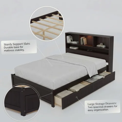 Vista 6 de MERITLINE Cama individual con cabecera de almacenamiento, cajones, estación de carga y luces LED, plataforma de madera con estantería