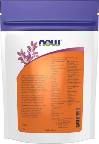 Vista 2 de Cápsulas vegetales de Now Foods Doble “00” cápsulas vacías, 250 unidades, 1, 1