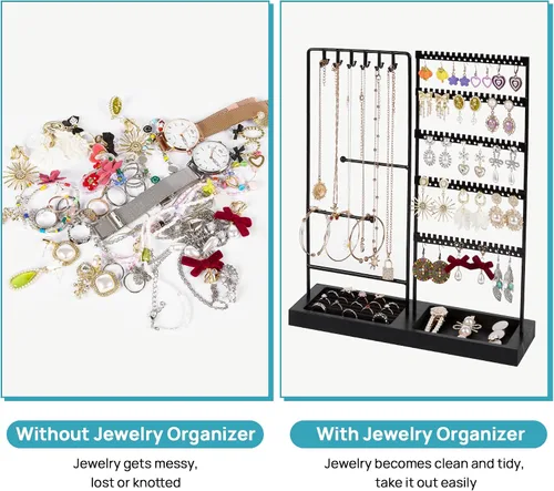 Vista 6 de Vtopmart Soporte organizador de joyas para aretes, collares, anillos, pulseras, exhibición y almacenamiento, con 90 agujeros, 12 ganchos, bandeja