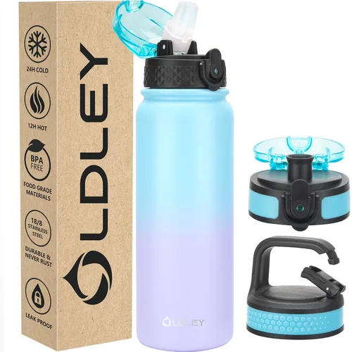 Vista 50 de Botella de agua aislada Oldley de 12 oz con pajita, botella de agua de acero inoxidable con 2 tapas, botellas de doble pared con vacío para adultos