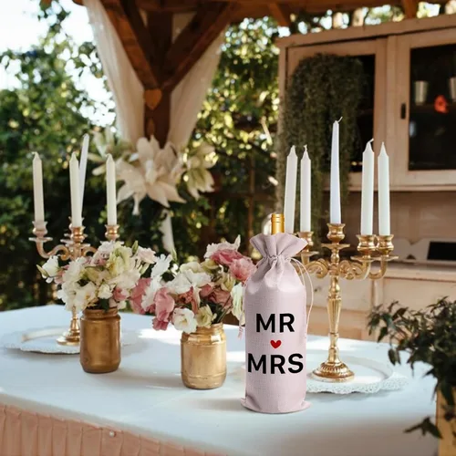Vista 6 de Wedding Wine Bag for Mr & Mrs 2026 Reusable Champagne Bottle Holder, Anniversary & Bridal Shower Gift, Elegant Keepsake for Couples