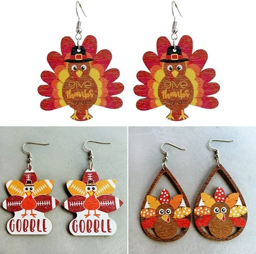 Vista 3 de Caiyao Lindos aretes de madera de pavo de dibujos animados de Acción de Gracias para mujeres y niñas ligeros aretes de Acción de Gracias resina