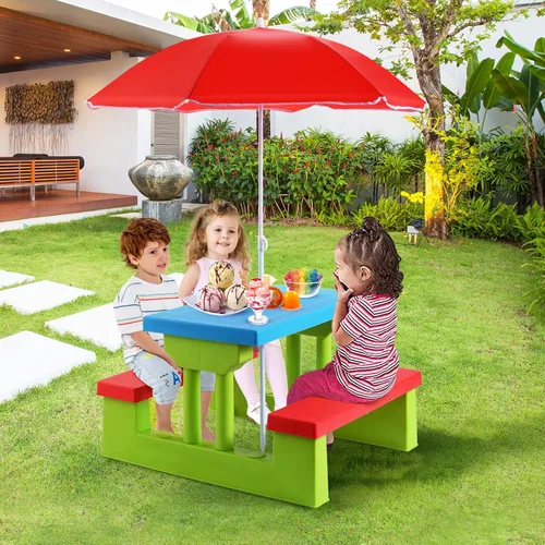Vista 2 de KOTEK Juego de mesa de picnic para niños, mesa y banco para niños al aire libre con paraguas extraíble, muebles de plástico para niños, mesas