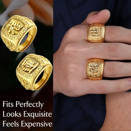 Vista 5 de Besteel Juego de 4 anillos chapados en oro para hombre, anillo Kanji RicSuerteBendición de la riqueza, juego de anillos de la suerte