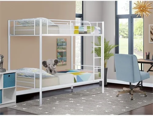 Vista 2 de East West Furniture DAT0WHI Danbury - Litera individual – Dos camas de metal separadas y escalera con tres escalones y barandillas – Litera