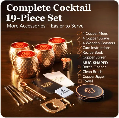 Vista 5 de COPPER-BAR Tazas de cobre Moscow Mule – Juego de 4 tazas de regalo únicas hechas a mano, martilladas por artesanos, tazas de cobre sólido 100% puro