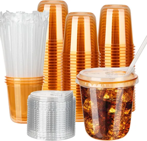 Vista 8 de 100 juegos de vasos de plástico desechables de 16 onzas sin tallo con tapas para sorber sin pajilla, tazas de café PET transparentes para café