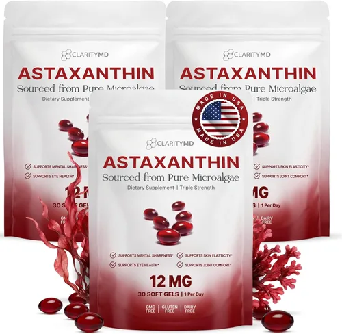 Vista 10 de Astaxantina Suplemento antioxidante de 12 mg – Fuente natural de microalgas – Softgel a base de lípidos para una mayor absorción – Apoyo cognitivo
