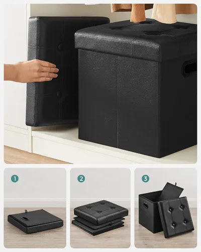 Vista 7 de Otomana plegable por Songmics, cubo de almacenamiento de 15 pulgadas con agujero y asa, piel sintética, Madera, Negro