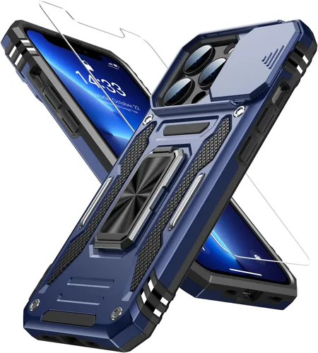 Vista 18 de MERRO Funda para iPhone 13 Pro con protector de pantalla, protección de cámara deslizante, funda resistente de grado militar con soporte magnético