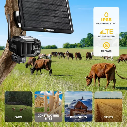 Vista 2 de Vosker V300 Ultimate Farmers Pack - Cámara de seguridad para exteriores con panel solar externo para granjas, pastos e invernaderos, 4G LTE, unidad