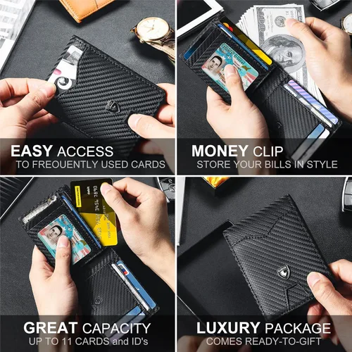Vista 3 de GSOIAX Billetera delgada para hombre minimalista de cuero genuino fibra de carbono con bloqueo RFID de cuero vacuno plegable con caja de regalo
