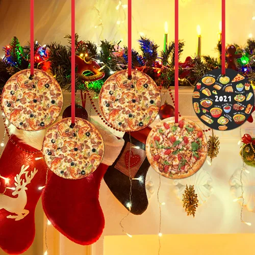 Vista 7 de Decoración de árbol de Navidad de pizza crujiente mixta adorno de Navidad Tomates Salami y Aceitunas Pizza Colgante Adorno de Navidad Adorno