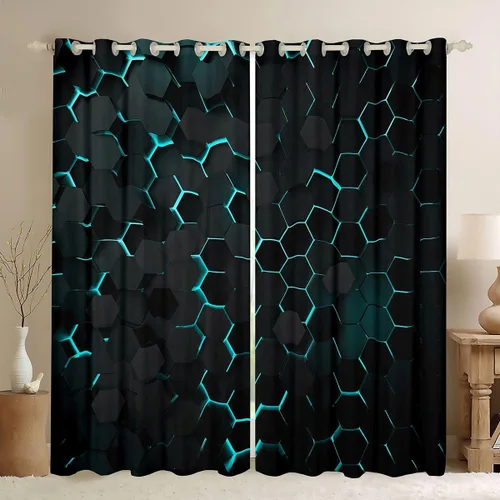 Vista 17 de Cortinas opacas negras de panal de abeja con luces de neón azul real, tratamientos de ventana con estampado geométrico hexagonal, decoración