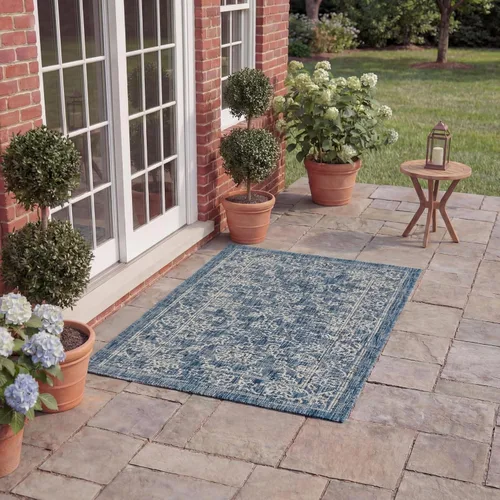 Vista 54 de SAFAVIEH Alfombra lavable al aire libre, colección Courtyard - 2'3" x 5', azul aguamarina y gris, no desprende pelusa y fácil limpieza, ideal