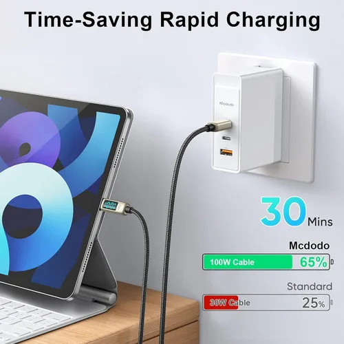 Vista 2 de Mcdodo Cable USB C tipo C de carga rápida de 4 pies con medidor de potencia digital de 100 W, cable trenzado de nailon para iPhone 15/15Pro/iPad