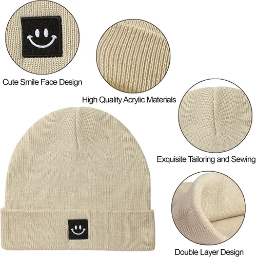 Vista 3 de MaxNova Gorro para mujer y hombre, diseño de cara sonriente, gorro de invierno, 2 paquetes