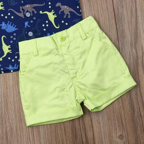 Vista 108 de Conjunto de camisa de manga corta con botones y pantalones cortos casuales con diseño de flamingo, para bebés y niños de 1 a 6 años, atuendos