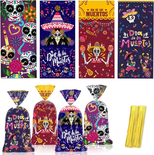 Vista 5 de Threetols 100 bolsas de celofán para Halloween, Día de los Muertos, bolsas de celofán para golosinas de celofán, calavera de azúcar, flores, bolsas