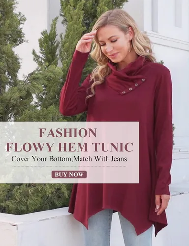 Vista 3 de Camisa Cestyle tipo túnica de manga larga para mujer, holgada, con cuello volteado y dobladillo asimétrico