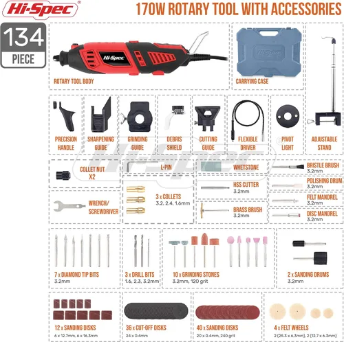Vista 2 de Hi-Spec Kit de herramientas rotativas eléctricas con cable con brocas compatibles con Dremel. Taladro eléctrico de metal de velocidad variable