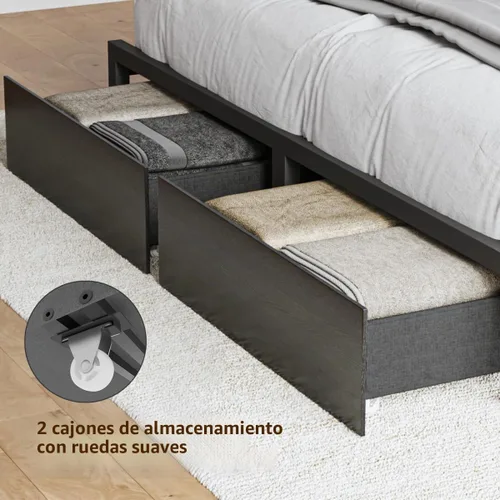 Vista 6 de DOGIBIXO - Marco de cama de tamaño matrimonial color negro con 4 almacenamientos, base de cama tapizada de terciopelo con cabecero capitoné