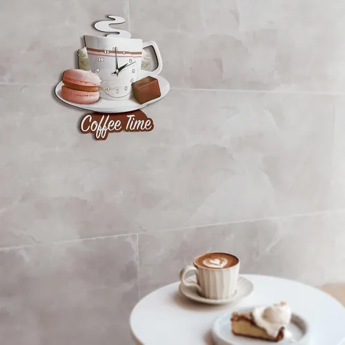 Vista 4 de Reloj de pared oscilante para taza de café, reloj decorativo de madera 3D para cocina, decoración de pared de café