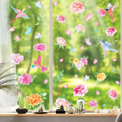 Vista 8 de Whaline 9 hojas de primavera de mariposa para ventana, decoración de ventanas de flora de mariposa colorida de verano, calcomanías reutilizables