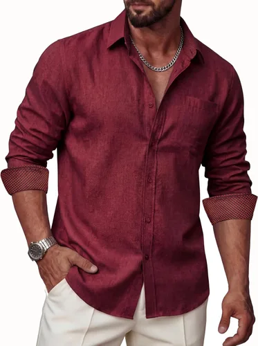 Vista 20 de Camisas de lino para hombre, casual, de manga larga, con botones, ajuste regular, cuello en contraste, con bolsillo