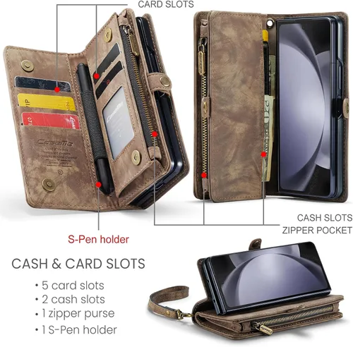 Vista 2 de Kowauri for Samsung Galaxy Z Fold 5 Case,Zipper Purse Magnetic Folio Leather Wallet Case with S Pen Holder Wrist Strap Card Holder Shockproof