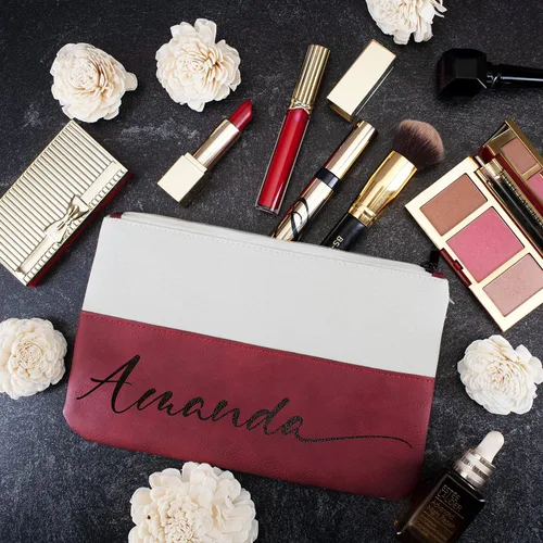 Vista 5 de Bolsa de maquillaje personalizada con nombre - Cuero vegano y lona, Borgoña
