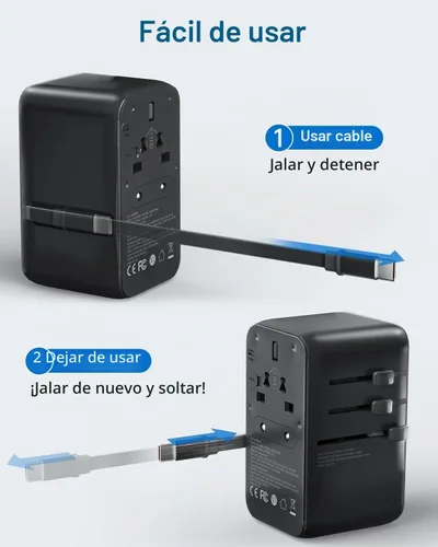 Vista 5 de DOACE Adaptador de viaje universal GaN de 100 W, adaptador de corriente internacional 6 en 1, enchufe de viaje europeo con cable USB-C integrado