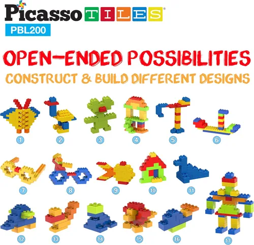 Vista 6 de PicassoTiles Juego de 200 piezas de bloques de construcción de ladrillos de construcción grandes, juego de ladrillos STEM, juego de aprendizaje