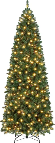 Vista 10 de Yaheetech Árbol de Navidad de Abeto Tipo Lápiz Preiluminado con Nieve Artificial de 6 pies con Bisagras, Árbol de Navidad Delgado para Esquina Negro