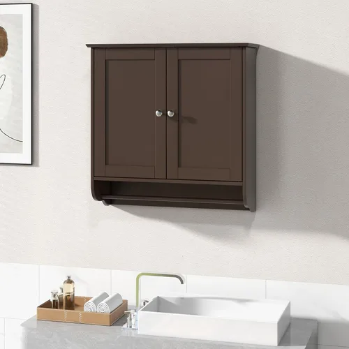 Vista 7 de Giantex Armario de baño montado en la pared, botiquín sobre el inodoro con puertas dobles, estante ajustable y barra de toallas, armario