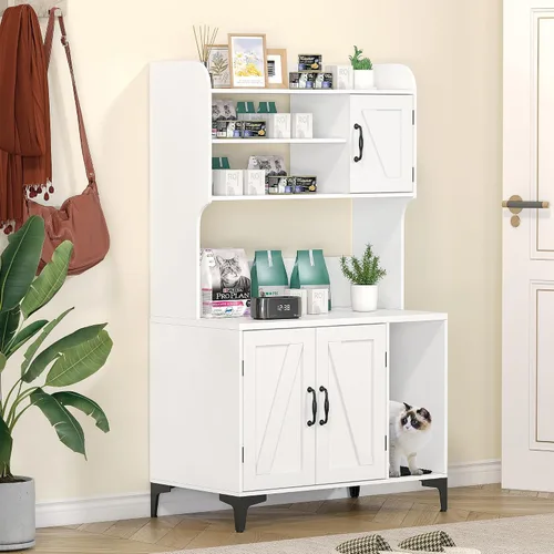 Vista 9 de Caja oculta para gatos con almacenamiento de estantes, muebles de madera resistente para baño, color blanco
