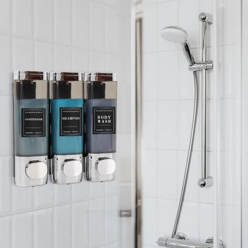 Vista 7 de Dispensador de champú y acondicionador, dispensador de jabón de ducha de 3 cámaras, dispensador de jabón de ducha de 3 cámaras, montaje en pared