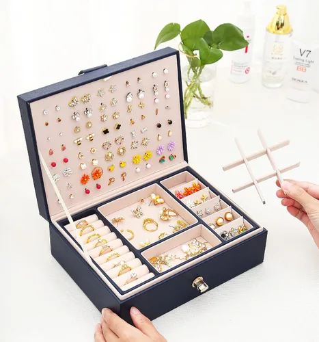 Vista 5 de QBestry Organizador de aretes de tuerca para mujeres y niñas caja de joyería para aretes collar organizador de joyas caja de aretes para mujer
