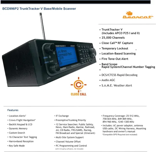 Vista 2 de Uniden BCD996P2 Escáner móvil digital TrunkTracker V, 25,000 canales asignados dinámicamente, tecnología de captura de RF Close Call, pantalla alfa