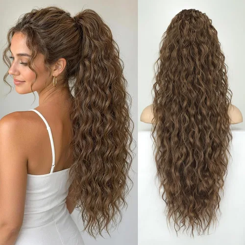 Vista 21 de KooKaStyle Extensión de cola de caballo con cordón de 26 pulgadas (66 cm) para mujeres, extensiones de cabello sintético rizado largo para uso